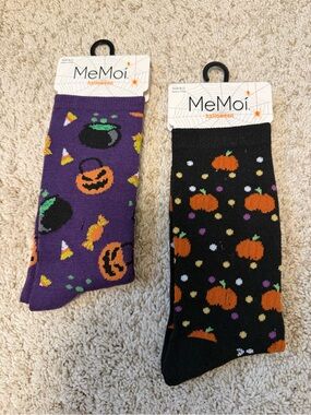 MeMoi Halloween Crew Socks - Purple & Black Pumpkin Designs
